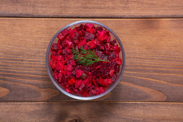 Traditional Russian salad vinaigrette . Food background. Christmas menu