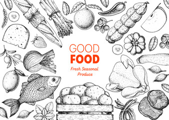 Organic food illustration. Farmers market design elements. Hand drawn sketch. Various food frame. Good food store concept. - obrazy, fototapety, plakaty