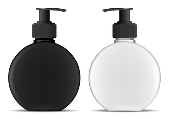 Dispenser bottle. Pump package with batcher for face care and skin treatment. Round plastic cosmetic product mockup blank. 3d vector design of plastic tube for , hand wash, shampoo, gel