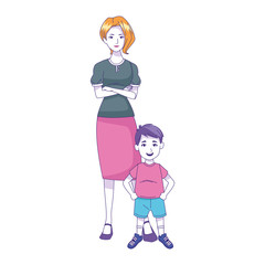 Woman with little boy standing, colorful design