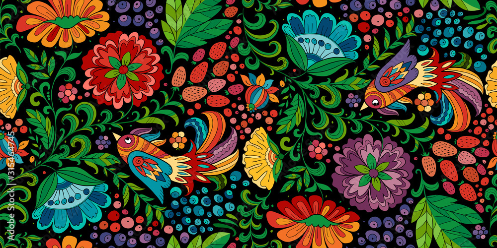 Poster Magic forest with birds, seamless pattern for your design