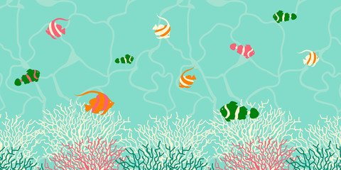 Underwater sea life ocean long banner background with coral reef and fish