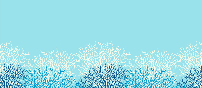 Underwater sea life ocean banner background with blue coral reef.