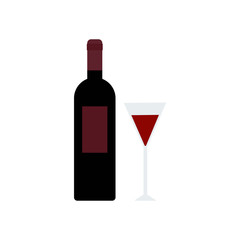 Red wine bottle and wineglass flat vector illustration isolated on a white background.