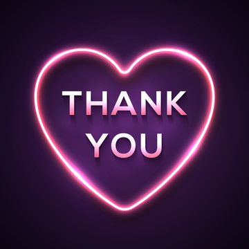 Neon light realistic words Thank You in bright electric wiring glowing heart shape frame on dark purple background. Festive pink sign for advertising flyer banner. Color technology vector illustration