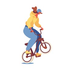 Isolated on white background young girl in helmet riding bmx sport bike good for dirt and motocross games. Character doing jump trick.