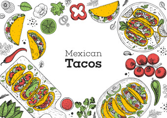 Tacos cooking and ingredients for tacos, sketch illustration. Mexican cuisine frame. Fast food menu design elements. Tacos hand drawn frame. Mexican food - obrazy, fototapety, plakaty