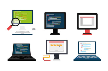 laptop computer with set icons vector illustration design