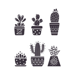 Cactus hand draw icons in cartoon style on white background. Home plants cacti and succulent set.