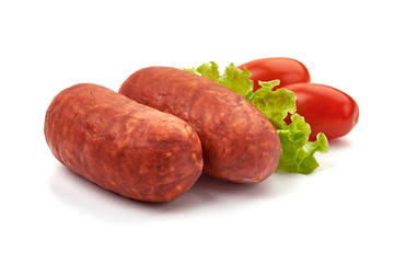 Chorizo Sausages with cherry tomatoes and lettuce, isolated on white background