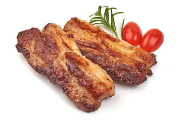 Roasted pork bacon with cherry tomatoes, isolated on white background