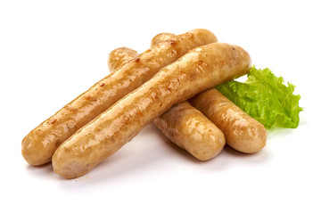 Grilled barbecue chicken sausages, isolated on white background