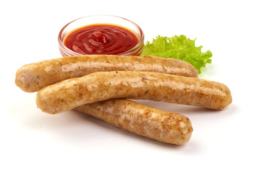 Grilled Chicken Sausages with tomato sauce, isolated on white background