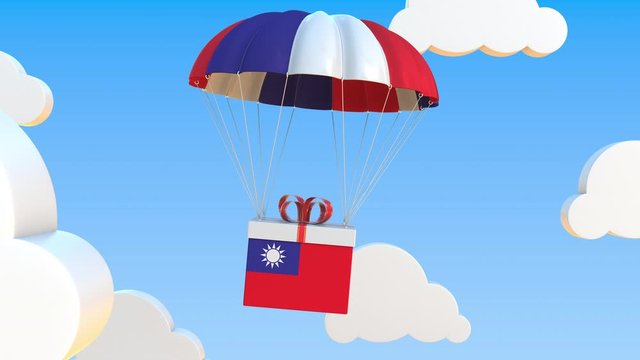 Carton with flag of Taiwan falls with a parachute. Loopable conceptual 3D animation