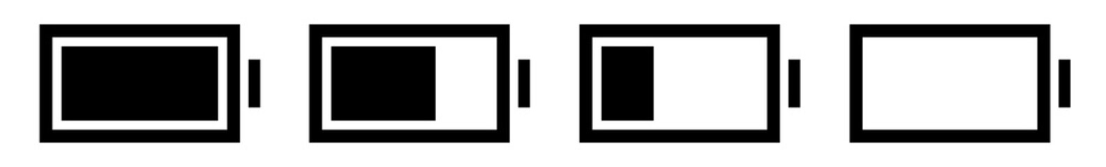 Obraz premium Battery Icon Black | Batteries | Charge Level Symbol | Charging Accumulator Logo | Low High Capacity Sign | Horizontal Isolated