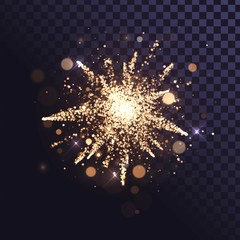 Golden fireworks with sparks on transparent background, explosion of golden shiny dust