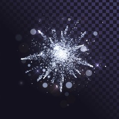 Silver fireworks with sparks on a transparent background, explosion of white shiny dust or snow