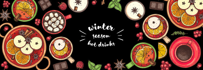 Hot drinks for design. Mulled wine, winter hot drink. Hand drawn. Vector illustration. Christmas invitation design template. Christmas bar menu. Mulled wine, coffee and tea. Packaging illustration.
