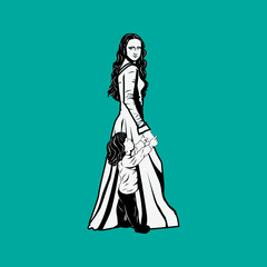 Mother with child. Illustration of a mother in a dress posing with a child on a blue background