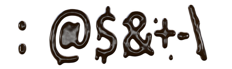 Chocolate font food type for sweet design. 3d render of special signs made from delicious dark chocolate.