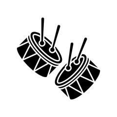 Drums with drumsticks black glyph icon. Musical instrument. Brazilian carnival. Festive parade. Musical movement. National holiday. Silhouette symbol on white space. Vector isolated illustration