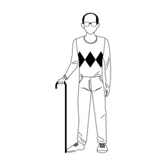 old man standing with cane, flat design