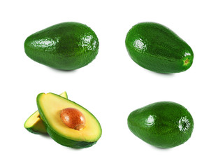 Glossy ripe avocado whole and halved. Set isolated on white background.