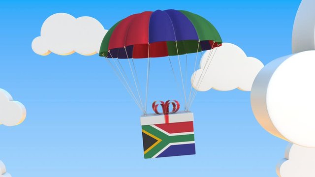 Carton with flag of South Africa falls with a parachute. Loopable conceptual 3D animation