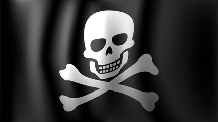 Vector pirate flag, black flag with skull and bones ripple in the wind