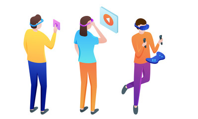 Set of people in masks playing virtual games vector illustration