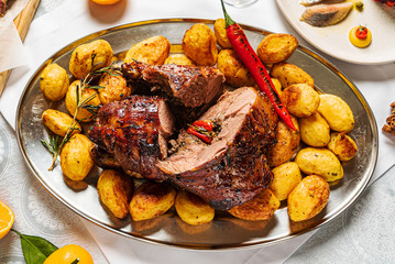 New Year table with different dishes and drinks