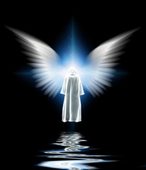 Figure in white cloak stands on water surface. Winged star