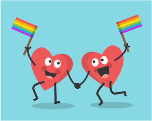 valentines day two cute emoticon hearts hold small rainbow flag
