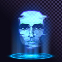 Blue luminous hologram with a human face on a transparent background - obrazy, fototapety, plakaty