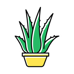 Houseplant green color icon. Potted aloe vera. Cactus sprouts and succulent leaves. Growing medicinal herb. Decorative plant. Evergreen flora. Cultivation, vegetation. Isolated vector illustration