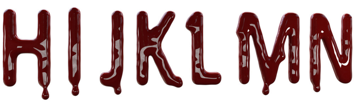 Creepy letters made from red fresh blood. 3d render isolated on white background.