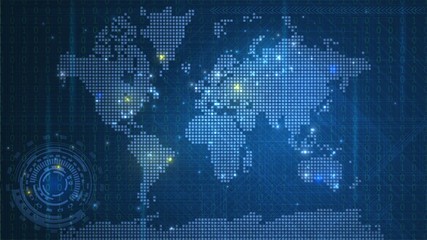 Dark blue technological map of the world with luminous dots, global information network on a digital screen