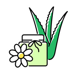 Vegan wax green color icon. Cream with floral extract. Organic lotion in jar with aloe vera. Medicinal herbs product. Plant based cosmetic. Beauty treatment. Isolated vector illustration