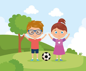 cute kids in park with soccer ball vector illustration design