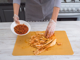 Cooking of Korean kimchi from Chinese cabbage.