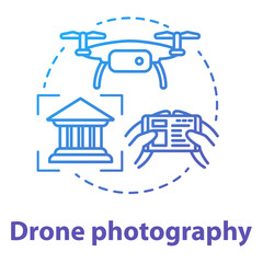 Drone photography concept icon. Quad copter with camera spying on house. Shooting historical objects from unusual angle. Vector isolated outline RGB color drawing