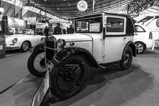 STUTTGART, GERMANY - MARCH 17, 2016: Vintage car BMW 3/15 PS DA2 ("Dixi"), 1931.Black and white.  Europe's greatest classic car exhibition "RETRO CLASSICS"