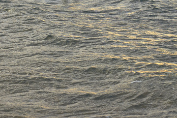  Blurred waving surface of stormy sea water on a sunset with reflection of the sunlight as a natural background.