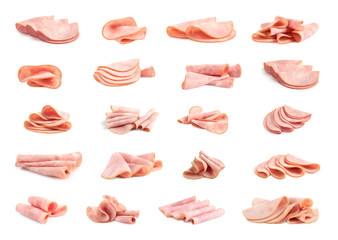 Set of tasty sliced ham on white background