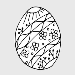 Decorative Easter egg. Vector illustration. Festive egg for decoration and coloring book. Vector illustration drawn in doodle style. Isolated on white.