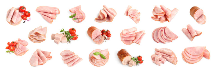 Set of tasty hams on white background