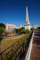Born square with the obelisk in the old town of Ciutadella , Minorca, Balearic Islands, Spain