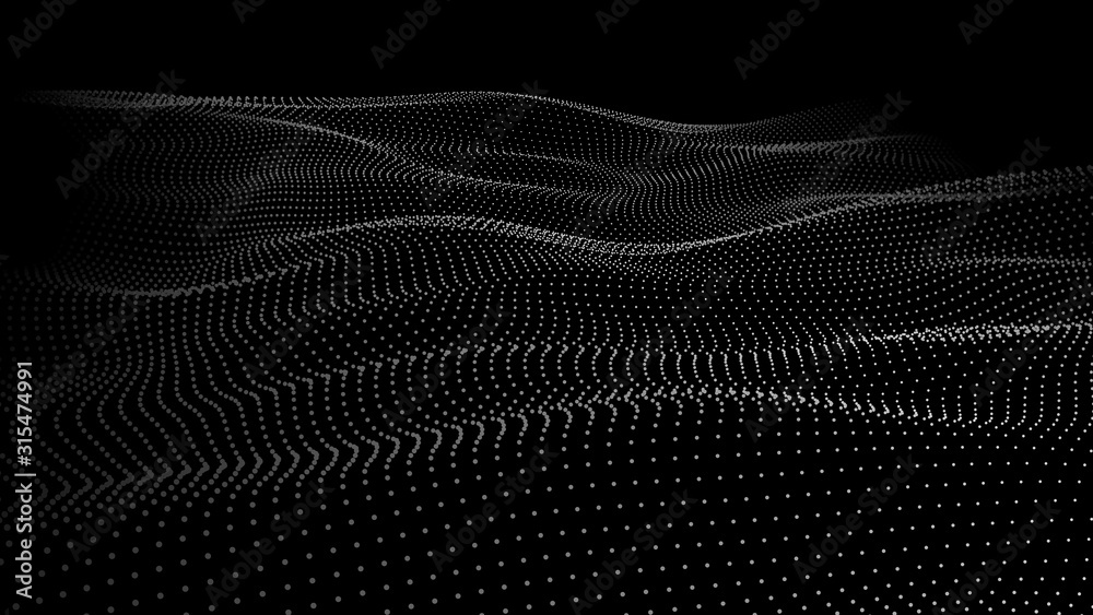 Poster abstract dynamic wave of many points. big data. low poly shape. shining particles. futuristic backgr