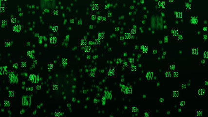 Matrix. Green numbers on black background. Digital illustration. Computer code. 3d rendering.