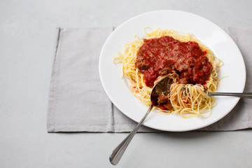 Homemade Spaghetti with Meat Sauce in White Plate on Neutral Gray Background